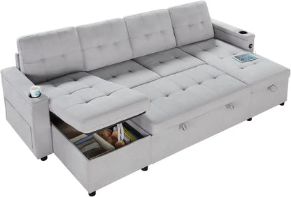 110 Inch Sofa Bed, Sleeper Couch Bed with 2 USB & Cup Holders, Oversized U Shaped Pull Out Couch with Storage Chaise & 3 Seater