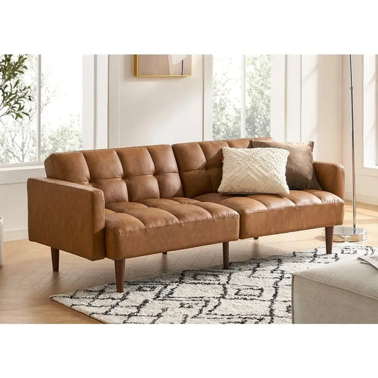 Couch,Futon,Sofa Bed, Loveseat, Mid Century Modern Futon Couch,Cama, Couches for Living Room, 77.5" (Pecan Brown Faux Leather)