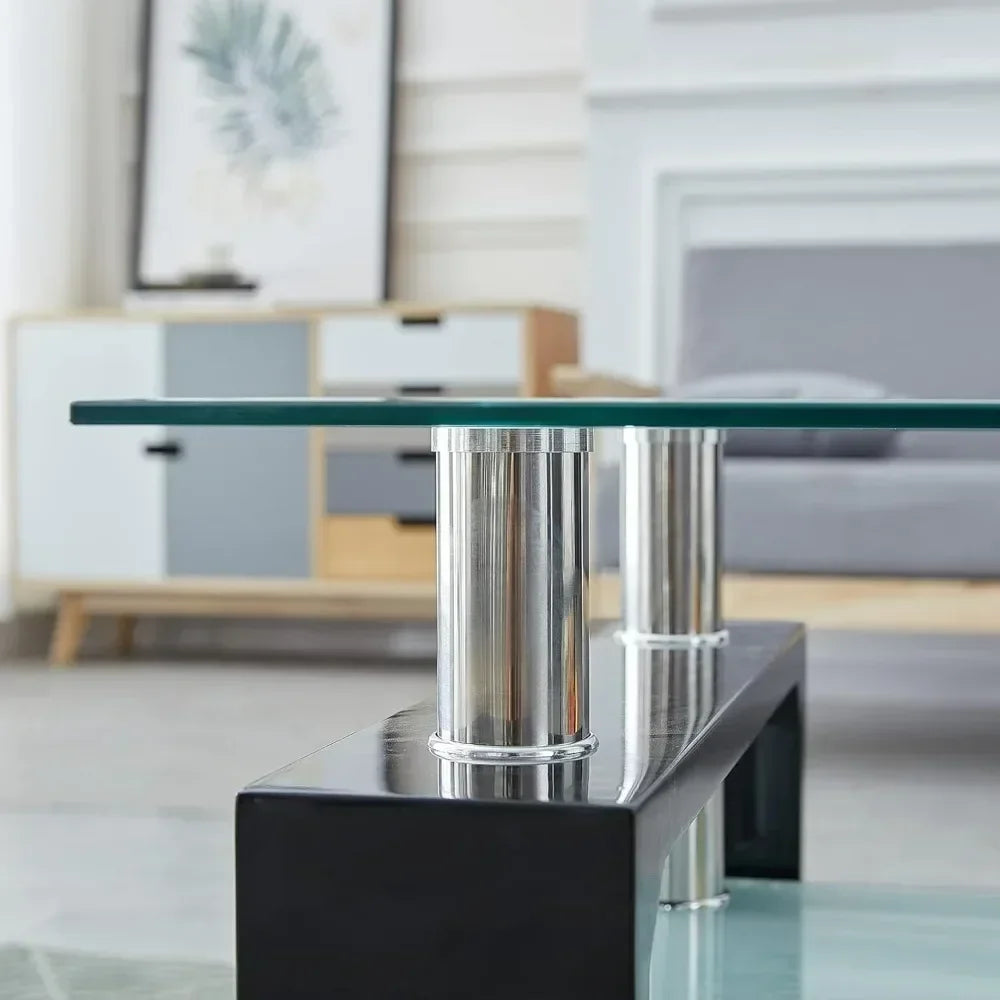 Tempered Glass Tabletop Stainless Steel Tube, 2-Tier Tea Table, Modern Center Side Table w/Lower Shelf & Wooden Legs