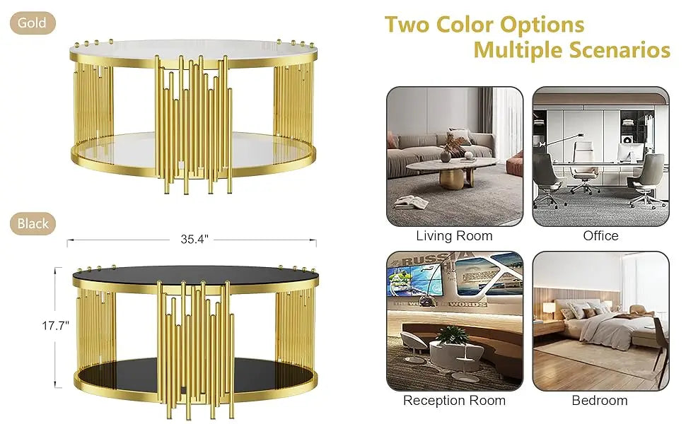 Glass Coffee Table Round Modern Living Room Table, Gold Stainless Steel Metal Leg Clear Tempered Glass, Sofa Center Table