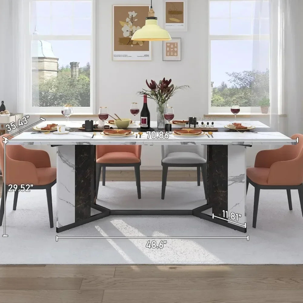 71-Inch White Dining Table with Marble-Color Top – Adjustable Legs