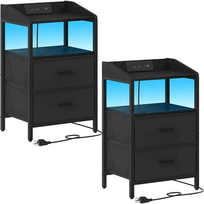 2-piece Nightstands,Modern Side Table with LED Lights and Charging Station, USB Port and Power Outlet Nightstands