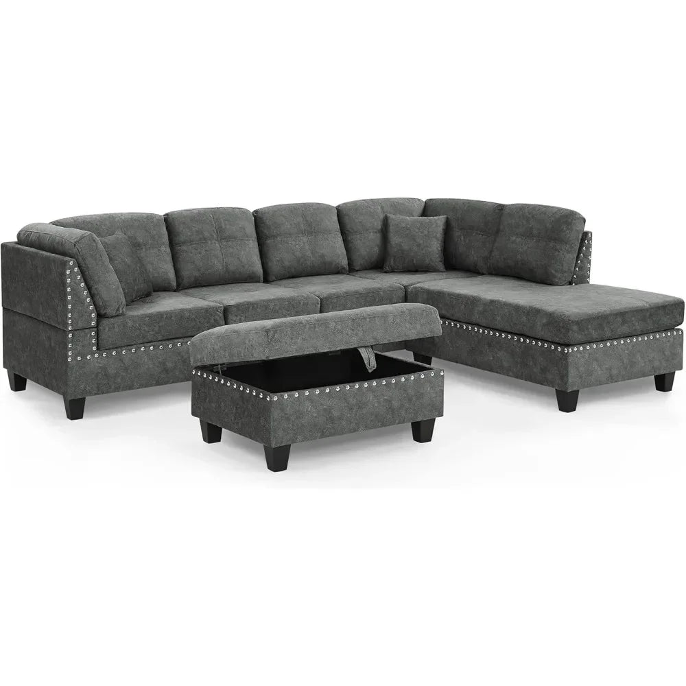 Living Room Furniture Sets,Sectional Sofa with Storage Ottoman,L-Shaped 2 Pillows&Extra Wide Reversible Chaise,Upholstered