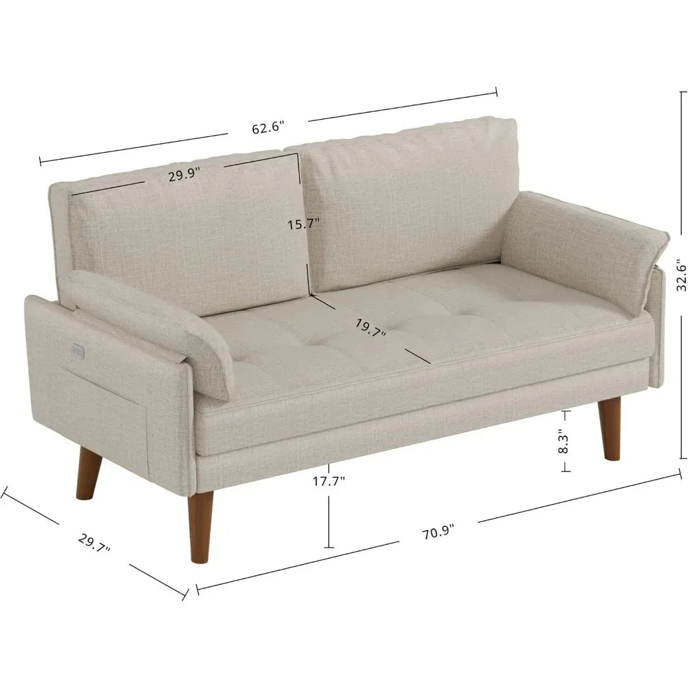 Modern Loveseat with USB Port & Solid Wood Legs